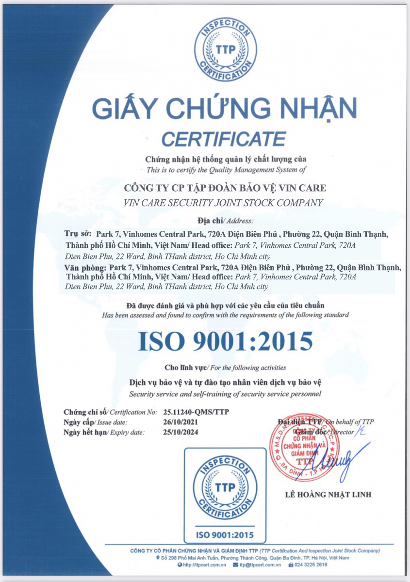 - Chứng chỉ ISO 9001:2015 về dịch vụ bảo vệ